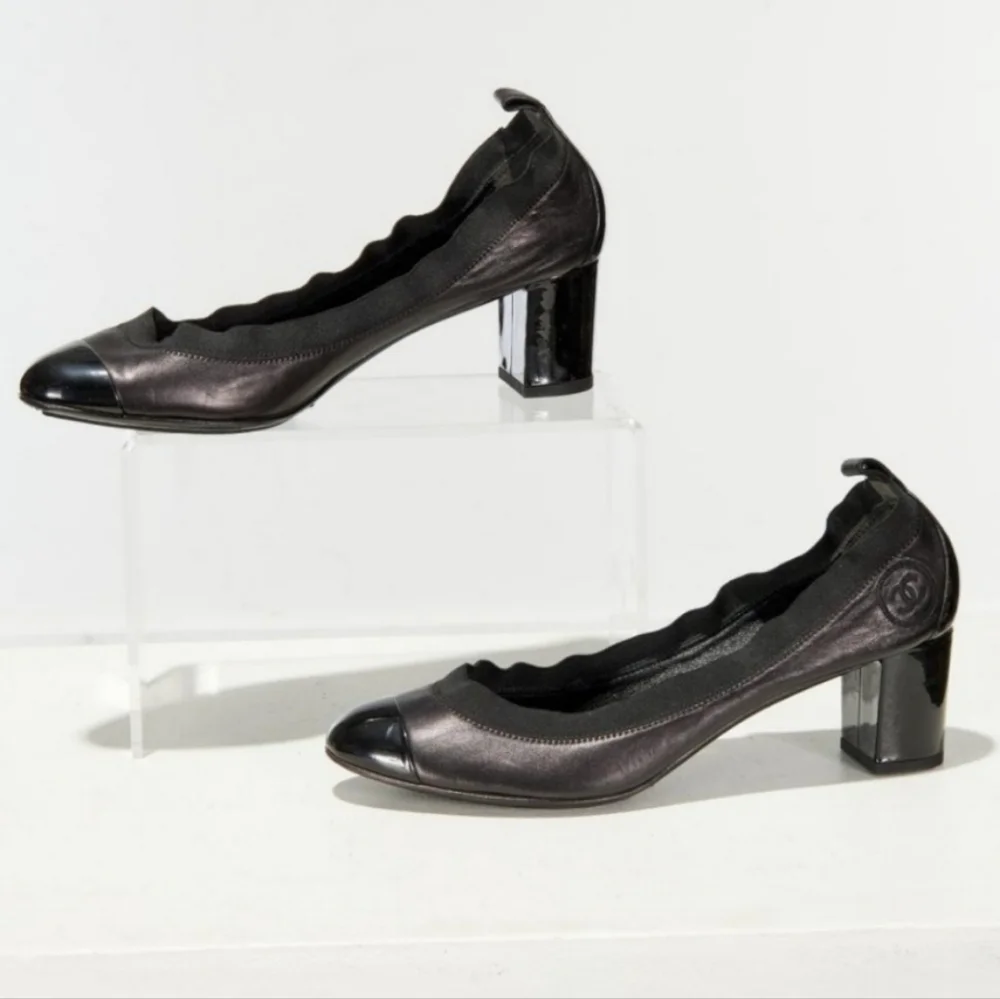 Chanel Stretch Spirit Black Leather Cap Toe Block Heel Pumps 40.5